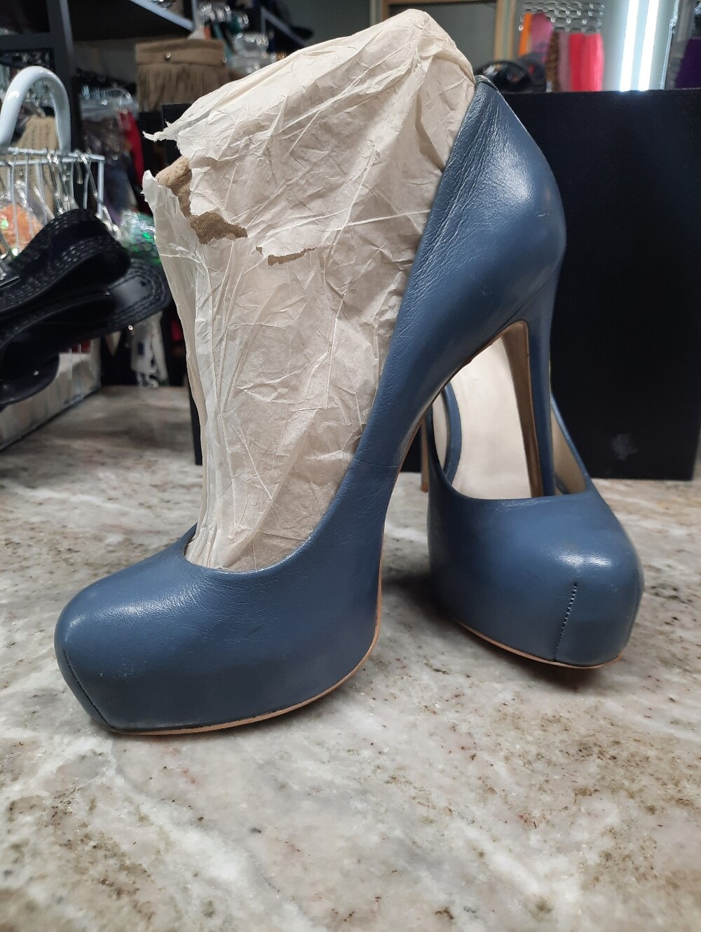 Alepel By Adriana Slate Blue Pointed Leather Pumps